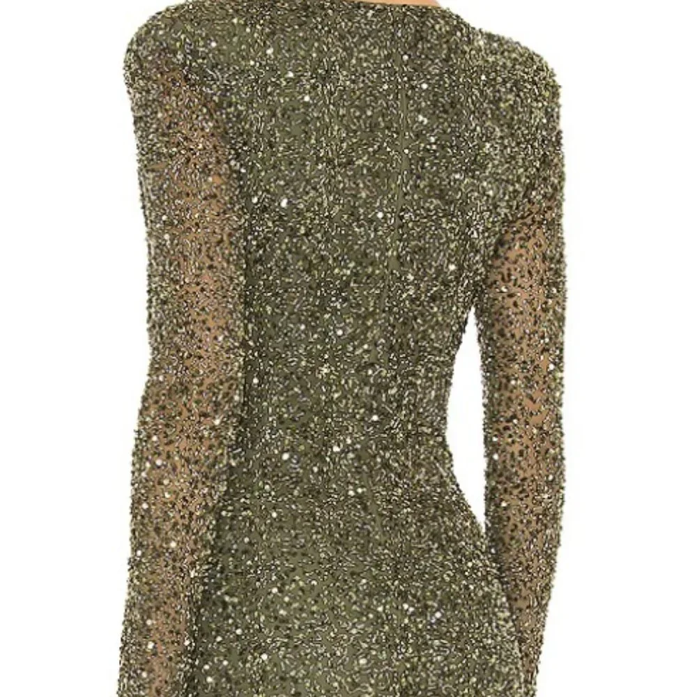 NWT Retrofête Green Long Sleeve Sequin Dress With Plunging Neckline Size L - Picture 4 of 15